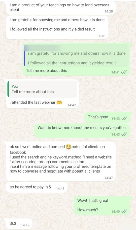 Chat: a student says he used the keyword method from Sky's webinar to find a client on Facebook, sent a message using Sky's template, and the client agreed to pay $3,000