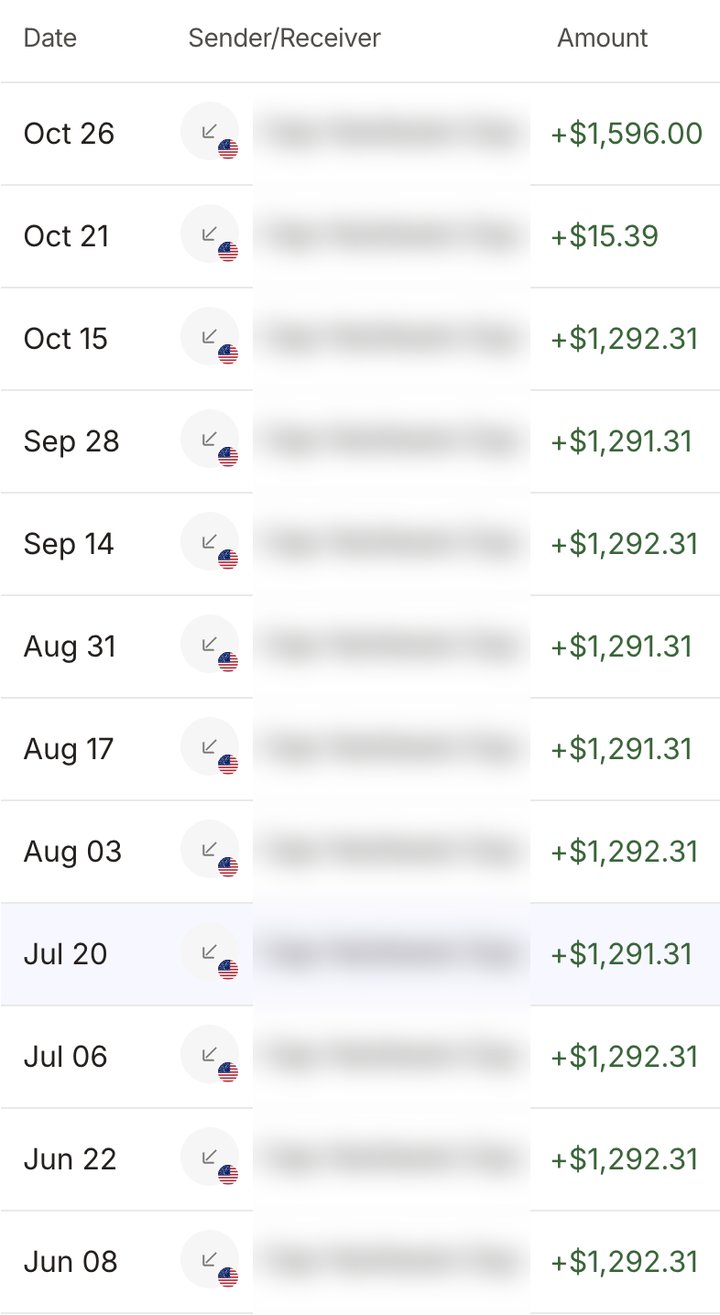 Sky's account statement: twelve payments from the same US hardware supplier, every two weeks from June to October, mostly around $1,292 each. Client name blurred.